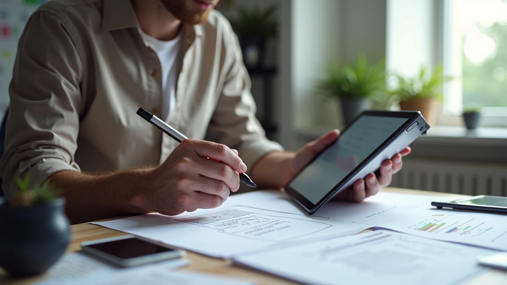 Designer sketching wireframe layouts on tablet screen with multiple CTA button variations
