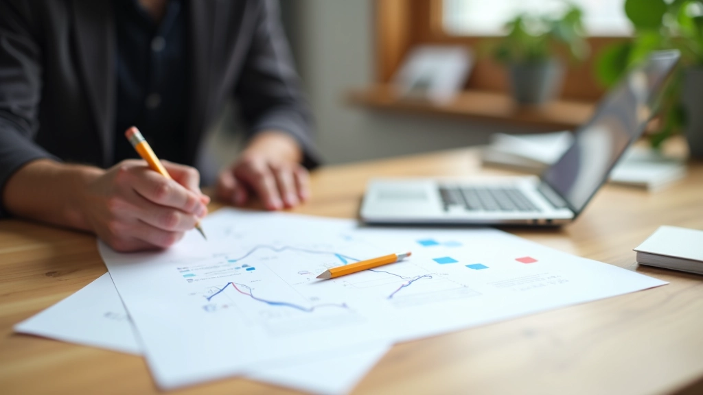 Designer working at desk with mobile device wireframes and sketches, showing responsive design planning process
