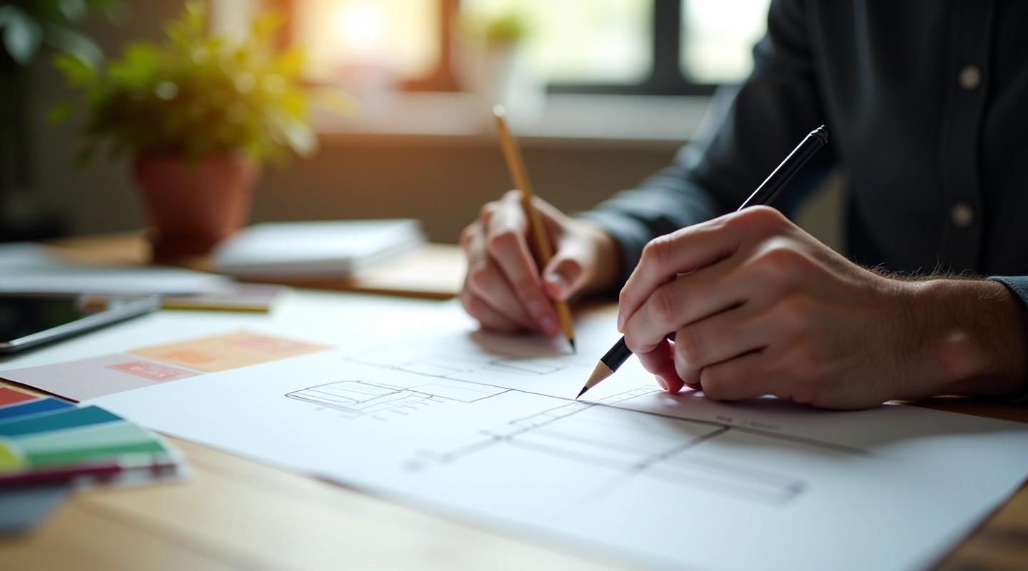 Designer working at wooden desk with laptop and design materials, planning page layout