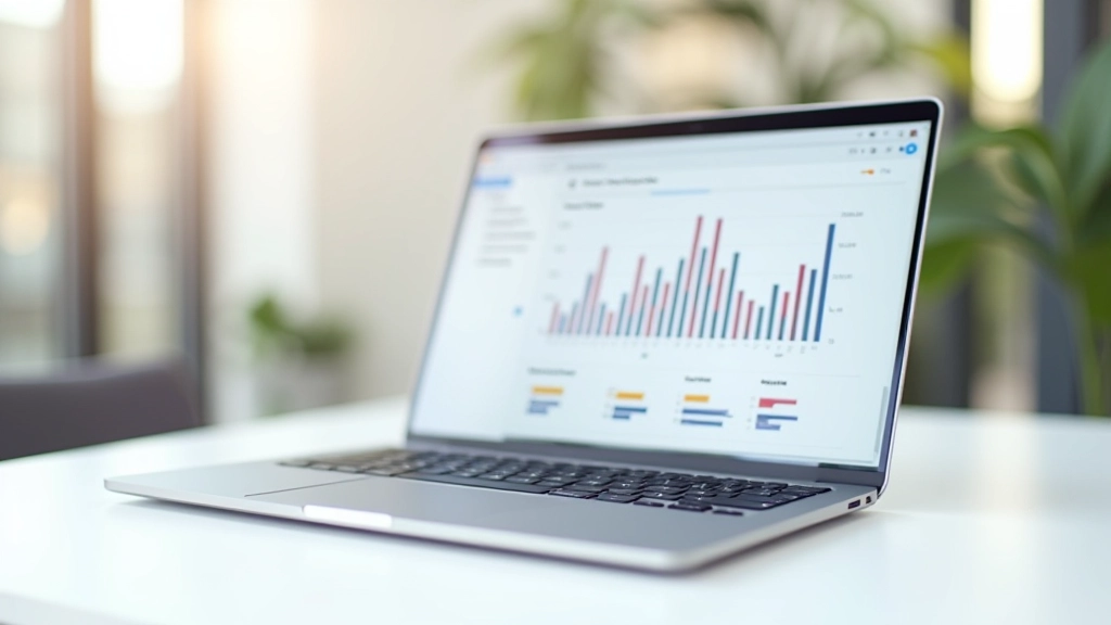 Laptop screen showing analytics dashboard with conversion funnel and user interaction heat map