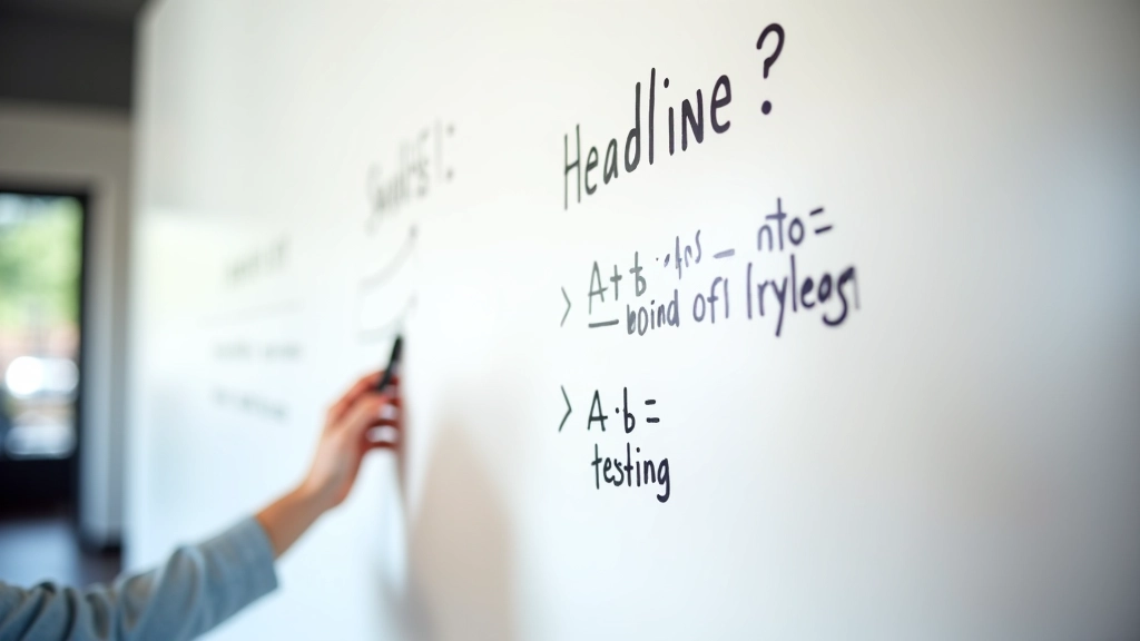 Whiteboard with hand-written headline variations and testing notes, showing clear vs. vague messaging comparison